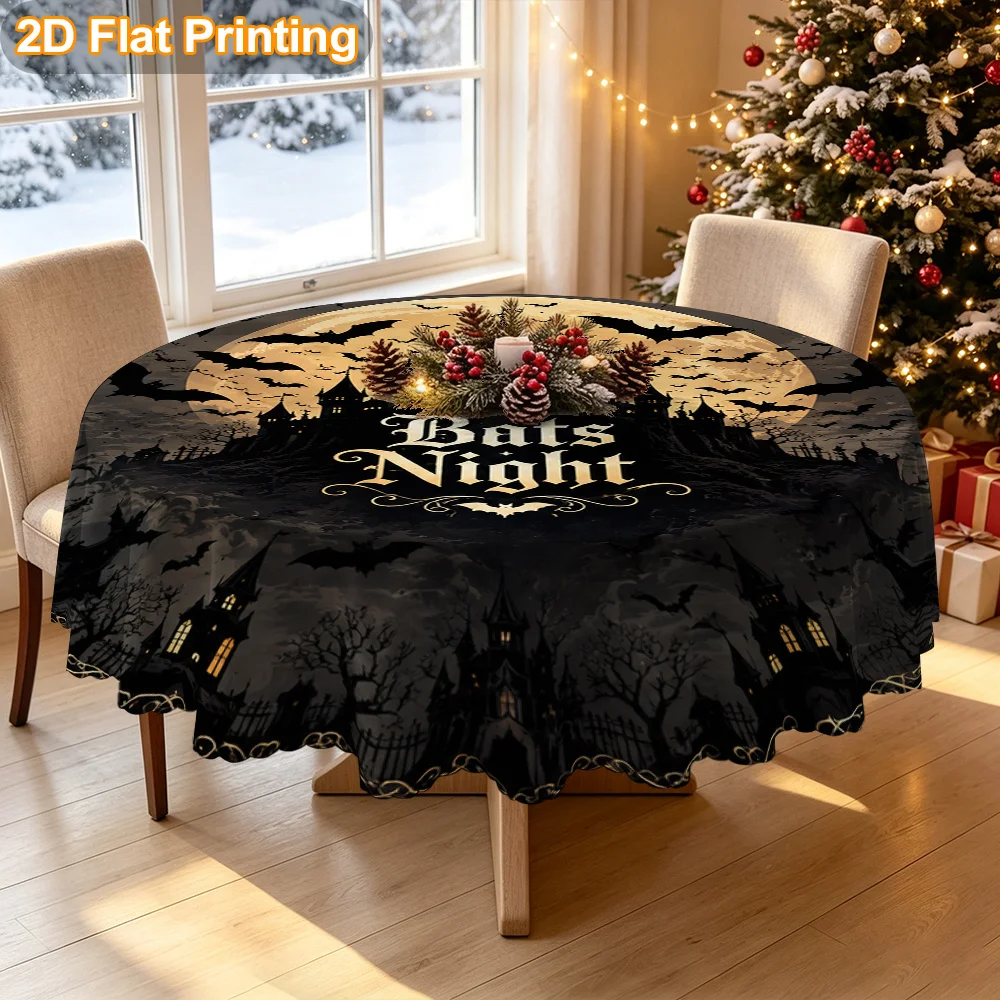 Christmas gift 2D flat. 1 full moon bat castle night print round tablecloth
