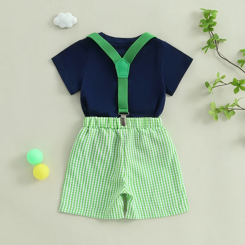 Летние комплекты шорт для маленьких мальчиков, топы с круглым вырезом и короткими рукавами с принтом тележки для гольфа и клетчатые шорты на подтяжках, комплекты