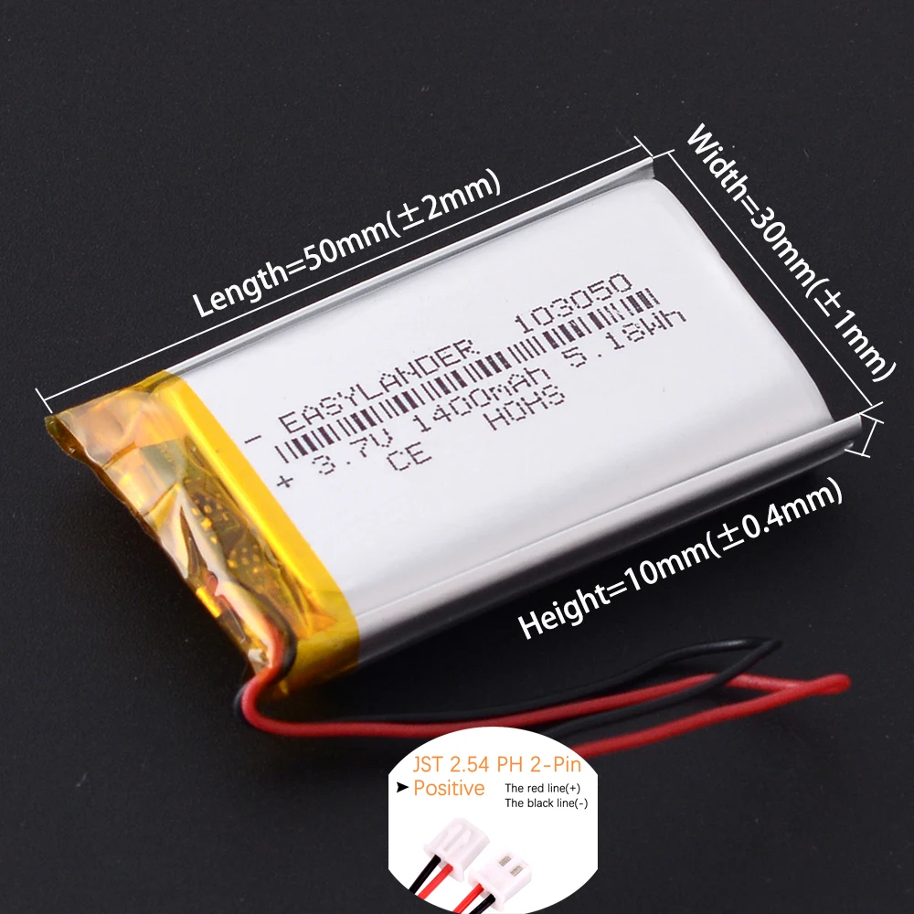 JST2.54 2P 3.7V 503050 800mAh 303050 403050 603050 703050 803050 903050 103050 Rechargeable Lipo Lithium Li-ion Polymer Battery