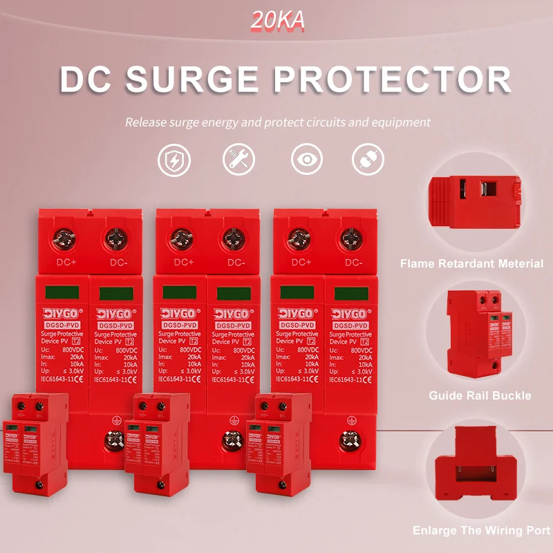 

10KA-20KA 2P DC SPD Din Rail Lightning Surge Protector Low-voltage Arrester Device 500/600/800/1000V Solar Outdoor Power Protect