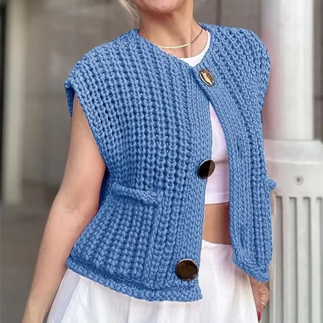 Y2K Women Button Down Sweater Vest Chunky Knit Sleeveless Cropped Cardigan Round Neck Vest Crochet Knitted Crop Top