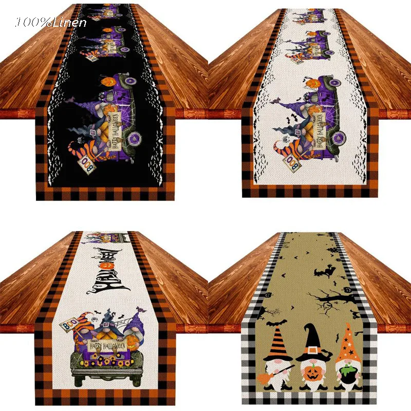 

Popular Halloween Faceless Gnome Pumpkin Linen Printed Bed Table Runner Flag Cloth Cover Dining Tablecloth Home Party Decor