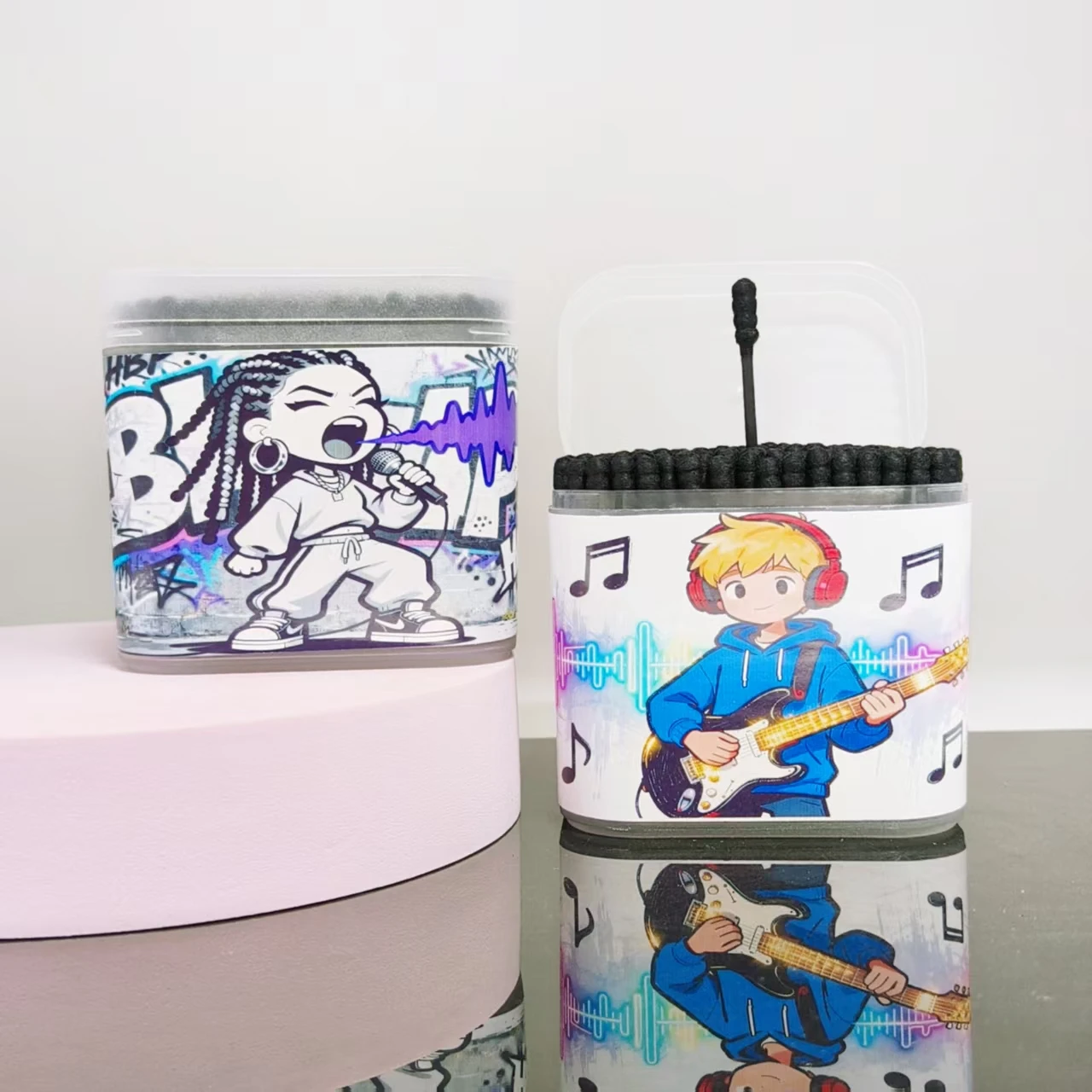 400 Stück (2 Kartons) Musik-Wattestäbchen mit Muster für Jungen und Mädchen, schwarz, doppelköpfiger Wattebausch, Geschenk-Wattestäbchen