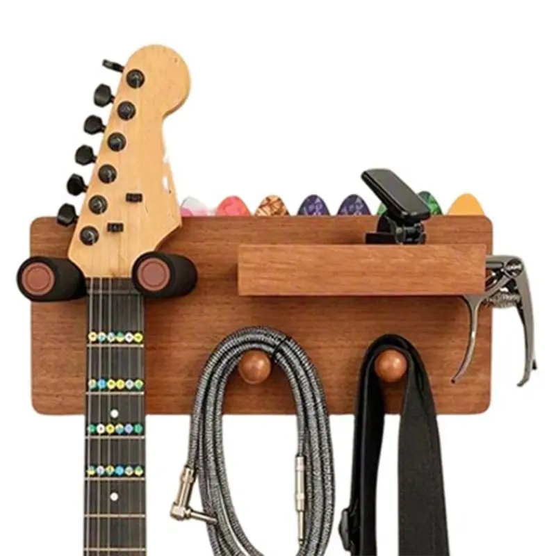 a79e-guitar-wall-mount-shelf-with-2-hooks-and-pick-holder-solid-wood-guitar-hanger-rack-for-multiple-instruments