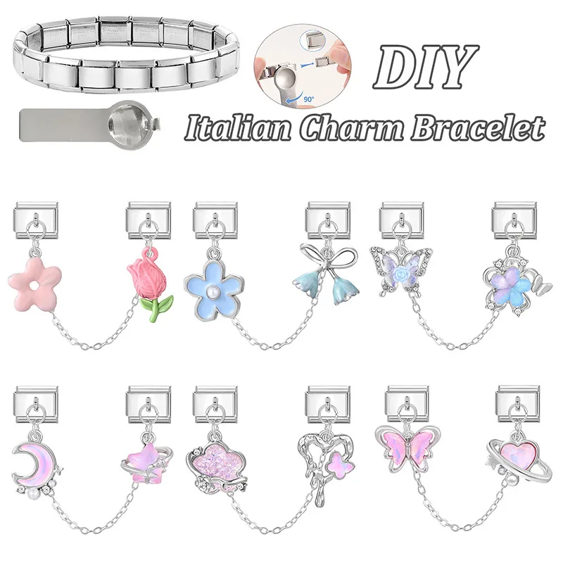 Y2K كريستال ستار القمر فراشة قنديل البحر شرابة سلسلة الإيطالية سحر الروابط صالح 9 مللي متر سوار الفولاذ المقاوم للصدأ DIY بها بنفسك صنع المجوهرات #3