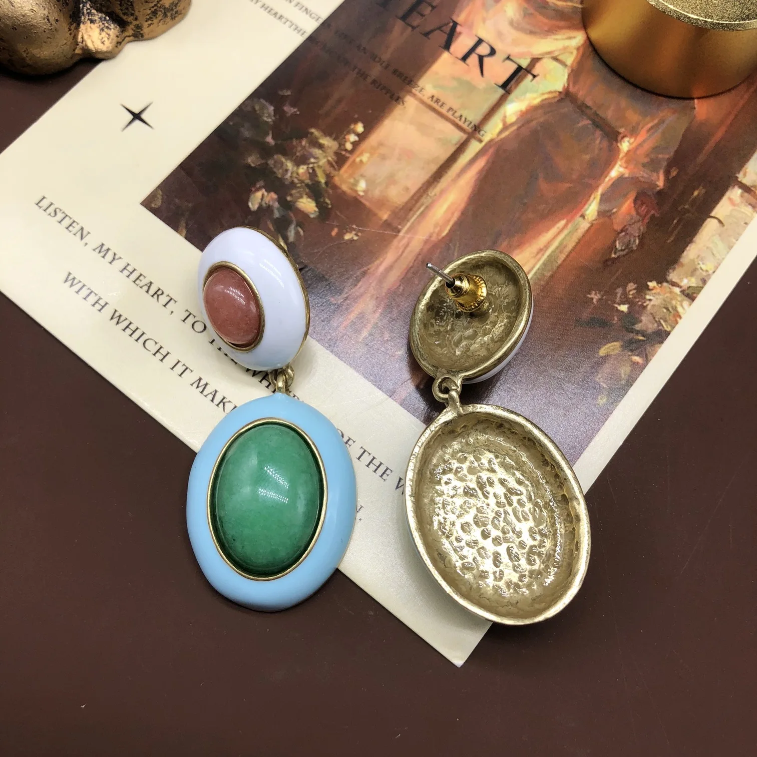 레트로 스타일 니치 드롭 글레이즈드 귀걸이 태슬 스터드 귀걸이