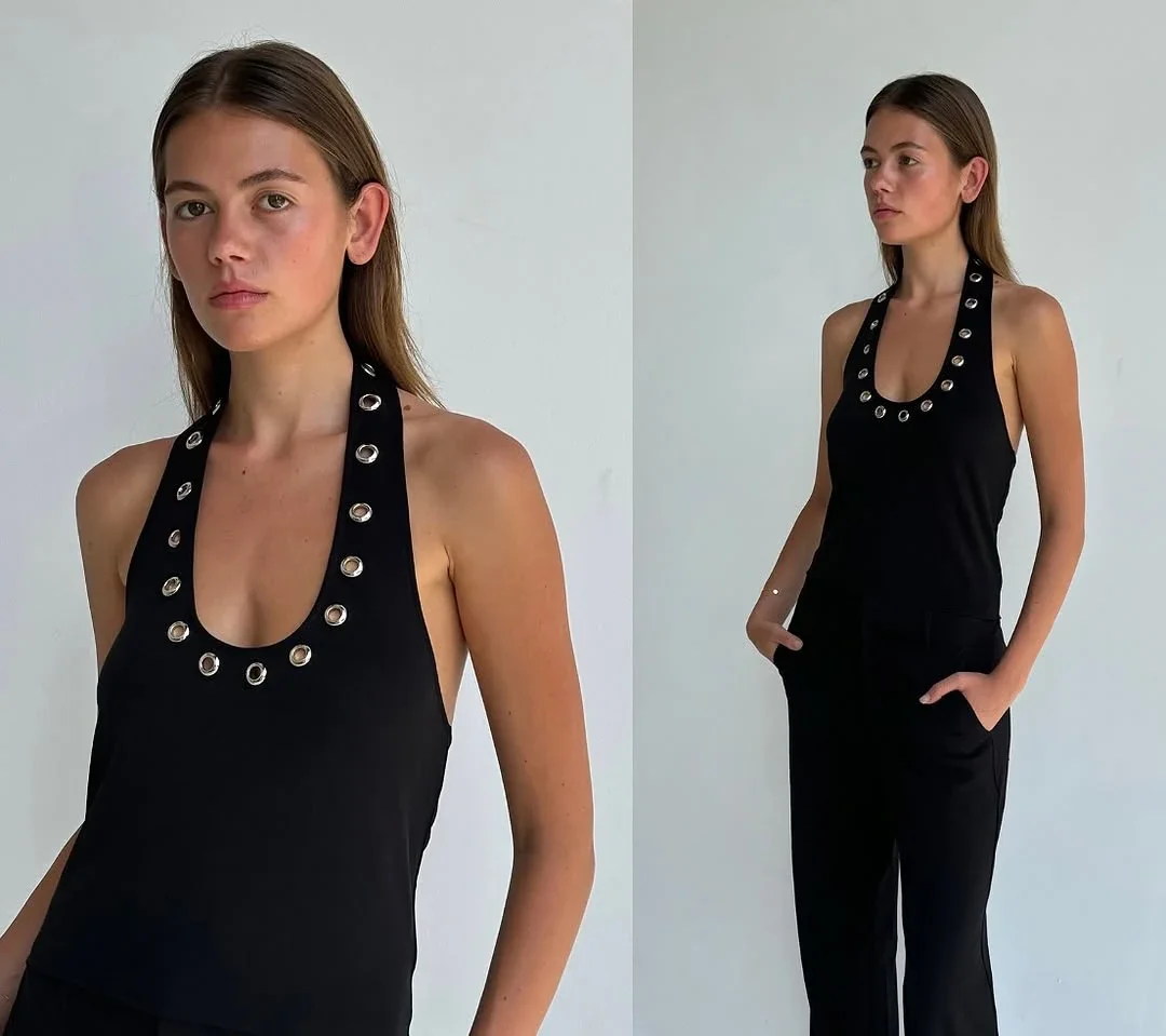 

Honey Honey Black halter neck crop top with silver perforated detailing