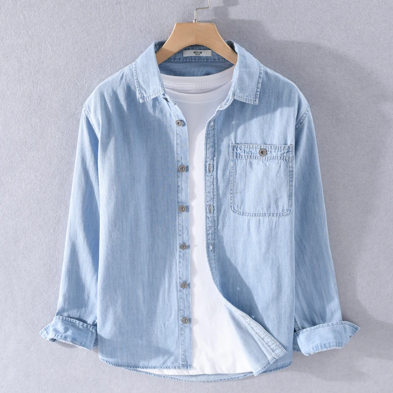 

2023 Autumn denim shirt new fashion Japanese simple Hong Kong style pure cotton coat long sleeve casual shirt men's inch shirt