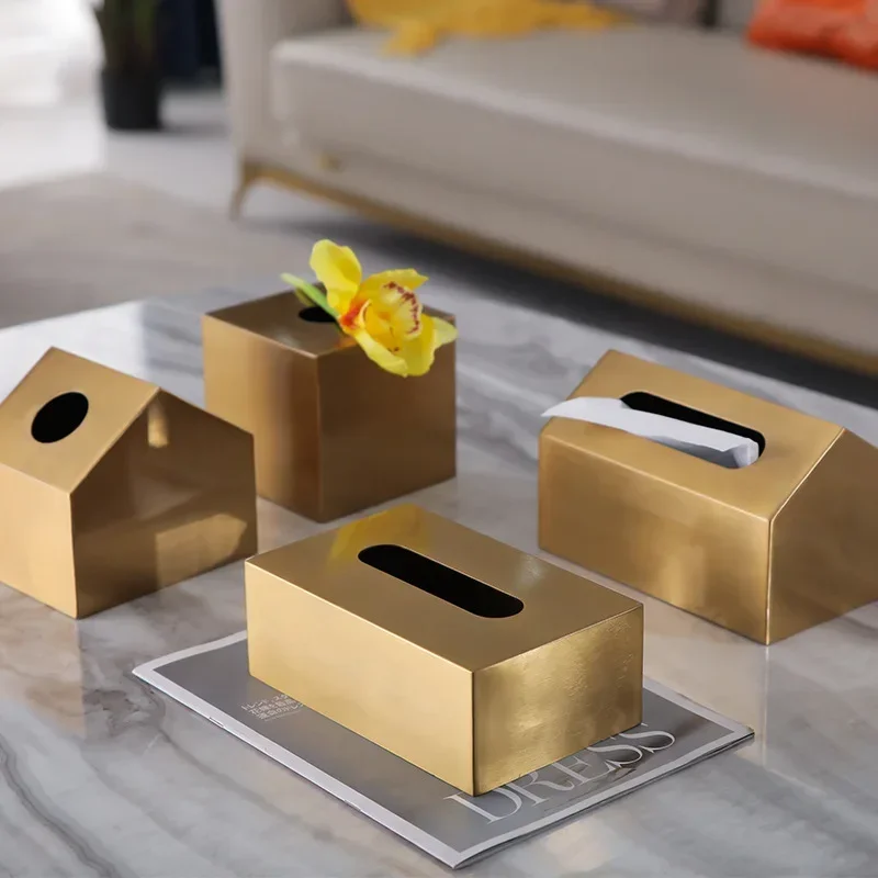 

Metal Tissue Box Square Golden Rectangle House Geometry Desktop Storage Organization Modern Home Decoration Accessories