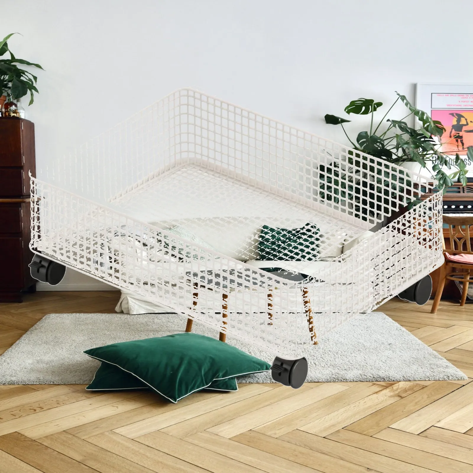 Ventilated Rolling Storage Basket with Smooth Caster Wheels for Under Bed Use and Narrow Indoor Space Saving Solution