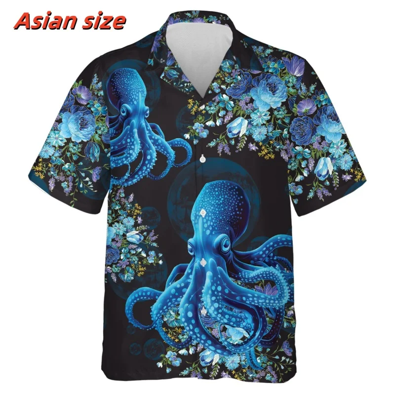 Tentacles Flower Pattern Hawaiian Shirt For Men Marine Life 3D Printed Blouse Summer Loose Short Sleeve Lapel Tops Aloha Shirts