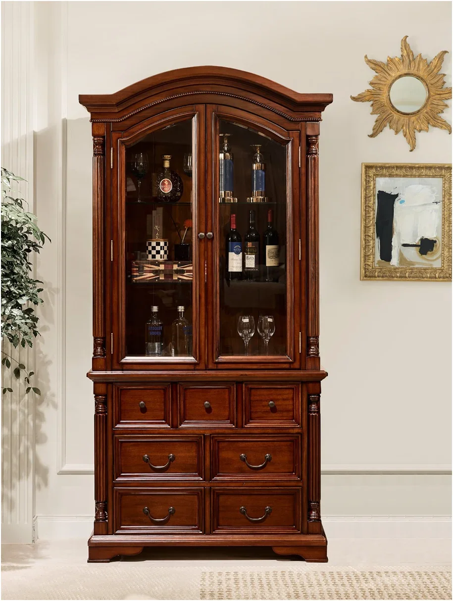 

Black walnut solid wood wine cabinet American retro light luxury glass door vertical cabinet