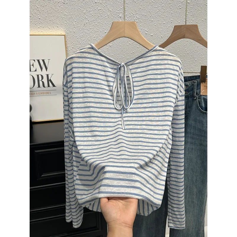 

New Striped Long Sleeved All Match Sunscreen T-shirt for Women in Spring and Autumn, Thin, Loose, Casual and Chic Top