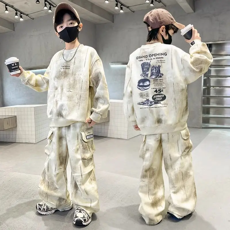 Herbst Winter Teenager Jungen Trainingsanzug Brief Graffiti Sweatshirt mit Kapuze + lose Cargo Hosen Kleidung Kinder Set 4-14 Jahre