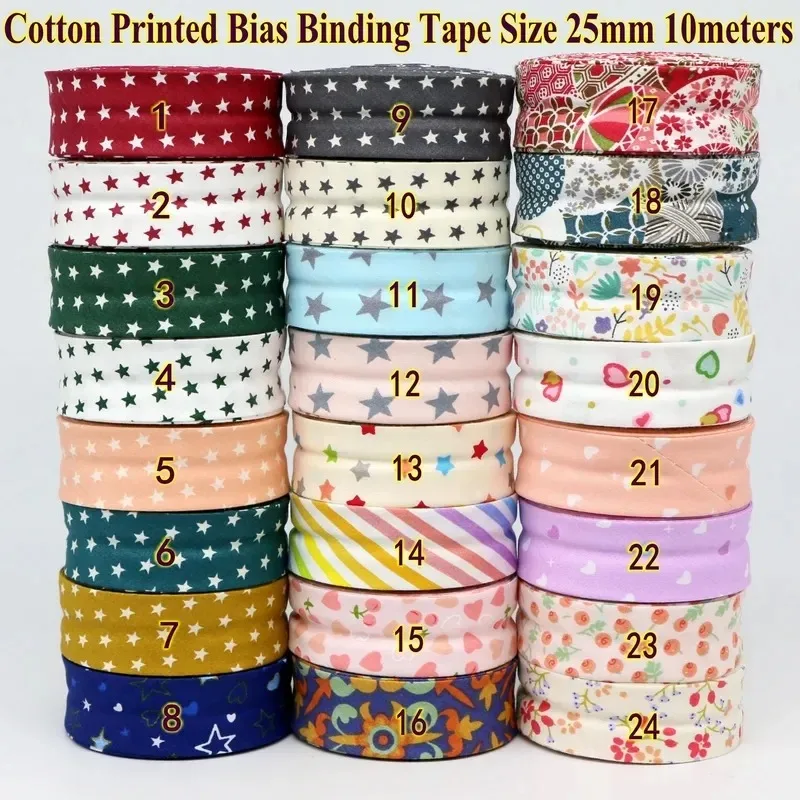 100% Cotton Printed Bias Binding Tape Stars & Flowers Welt Cloth Strip DIY Handmade Ribbon 25mm x 10meters