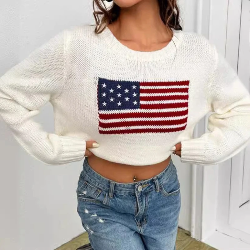 2024 Autumn Winter New Women Perfect Street Style Loose Casual Round Neck Knit Chic American Flag Sweater Fashionable Pullovers