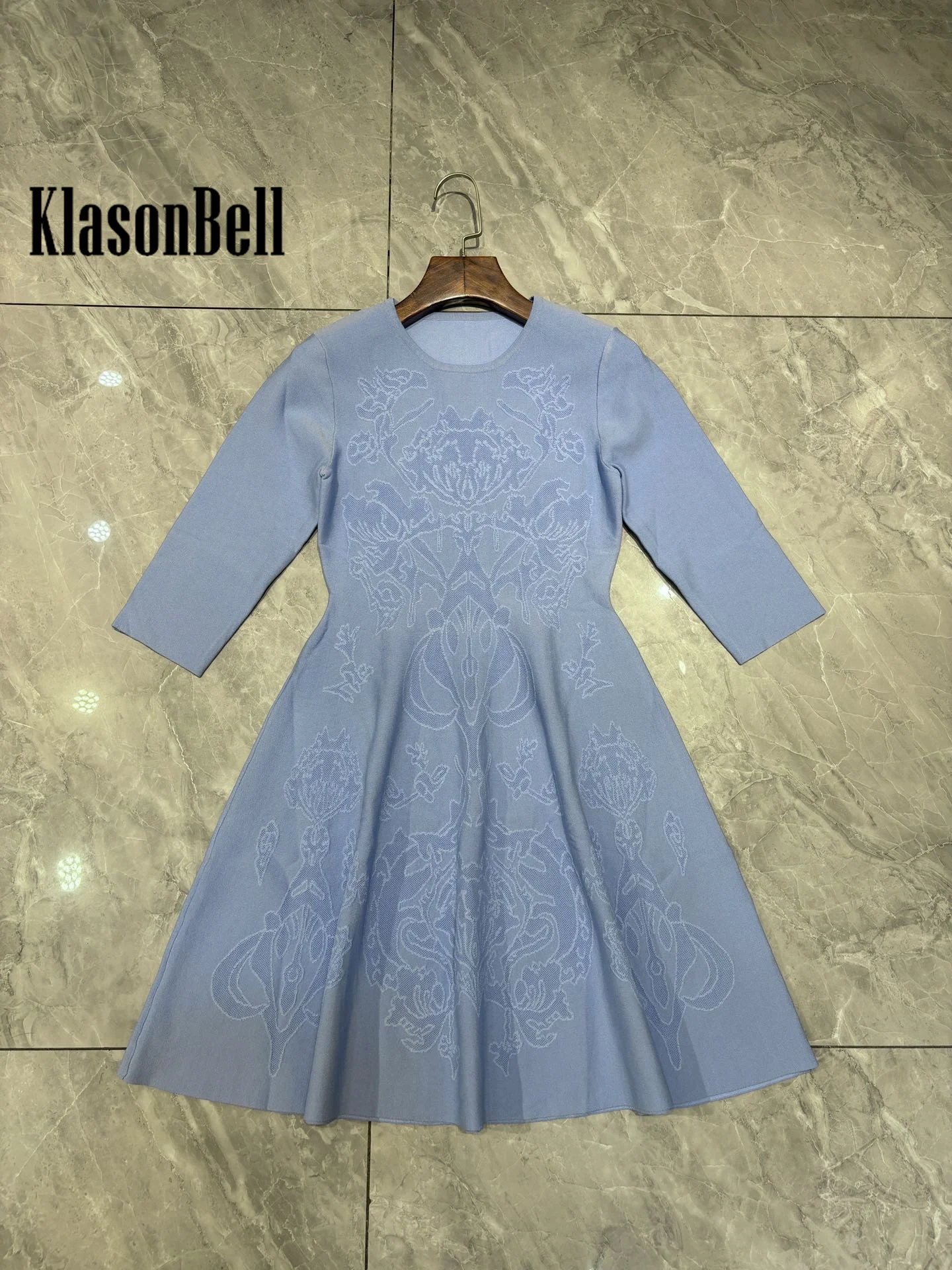 9.2 KlasonBell Women Vintage Fashion Flower Jacquard Half Sleeve Knit Dress O-Neck Collect Waist A-Line Mini Dress