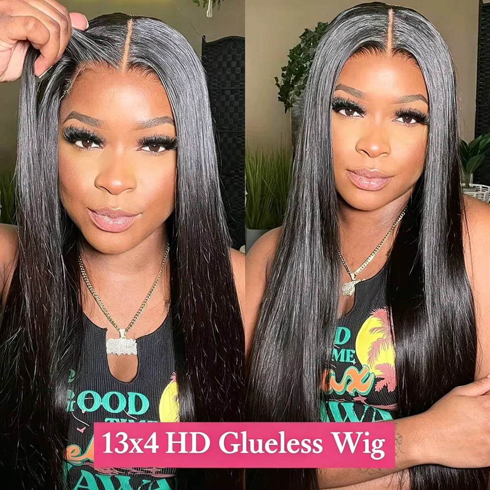 Smilegirl 24 Inches Straight Glueless Wigs Human Hair Preplucked PreCut 220 Density Drawstring 4x4 5x5 Hd Lace Front Wig Wear And Go Natural Color image 6