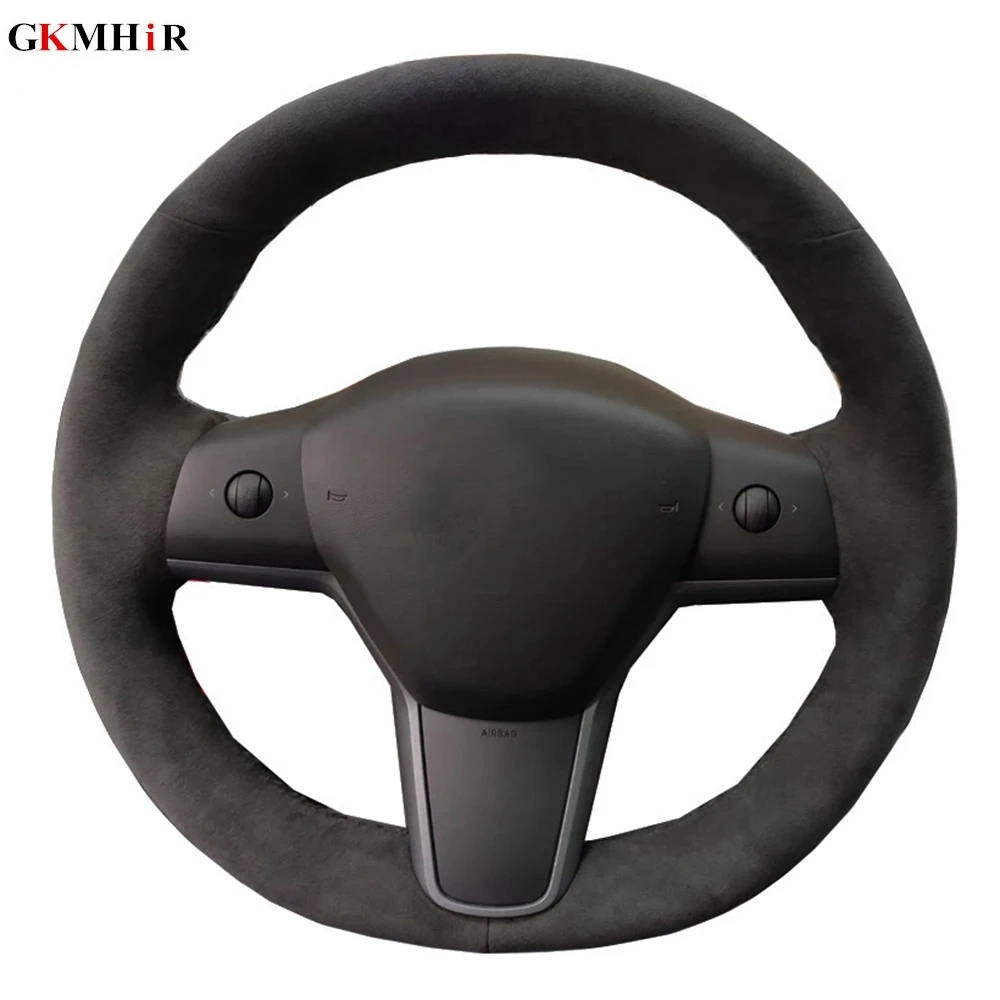 Hand-stitched Car Steering Wheel Cover Suede Cow Leather Volant Braid On The Steering Wheel For Tesla Model 3 2017 2018 2019