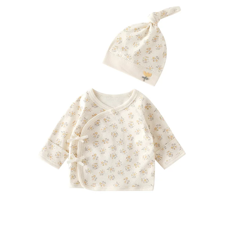 50% Cotton Half Open Back Top, Class A Seamless Single Top with Newborn Beanie, Spring & Autumn Baby Outfit