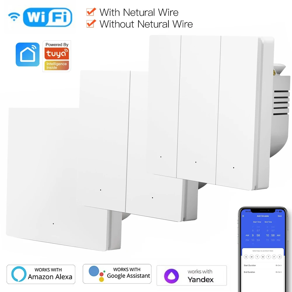 

WIFI Tuya Smart EU Кнопочный переключатель Нейтральный провод и без нейтрального провода 1/2/3 Gang Настенный выключатель света Работает с Alexa Google Home Alice