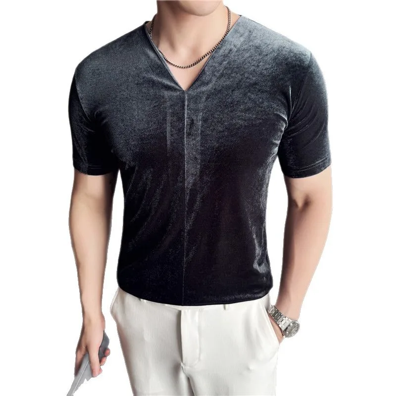 المخملية الخامس الرقبة مرونة تي شيرت 2025 صيف جديد سليم صالح تنفس قصيرة الأكمام المحملة بلون موضة تي شيرت غير رسمي بلايز