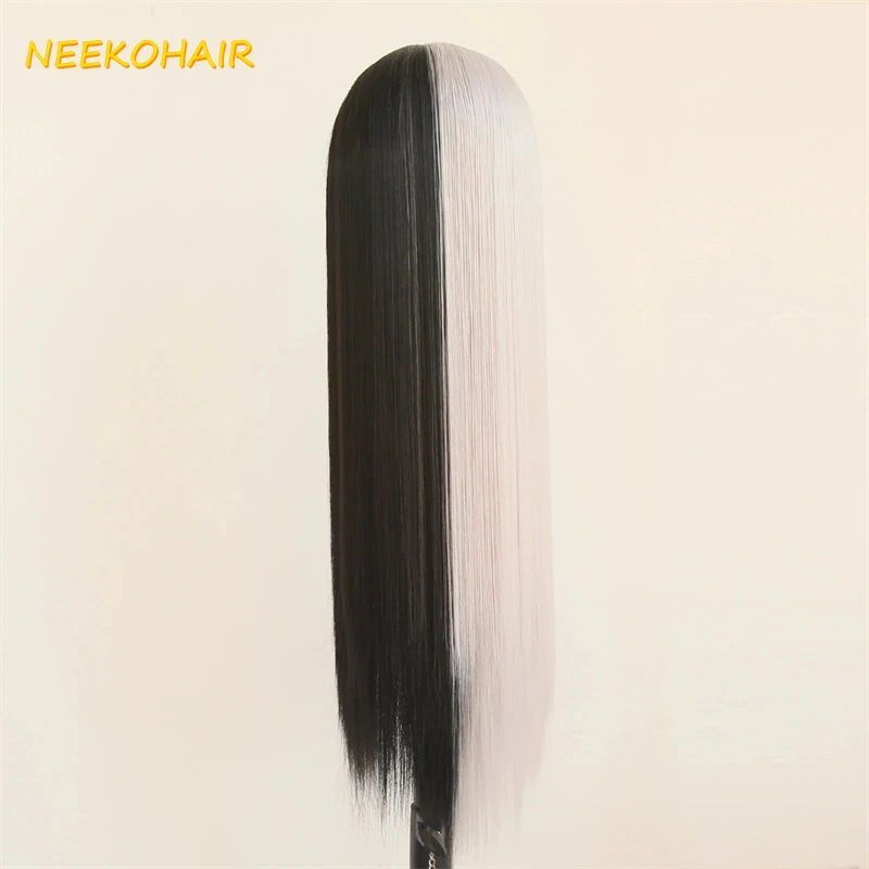 13x6 Lace Frontal Wig Half Black Half Grey Split Two Tone Cosplay Wig Long Straight Bicolor Wigs Human Hair Wig For Women