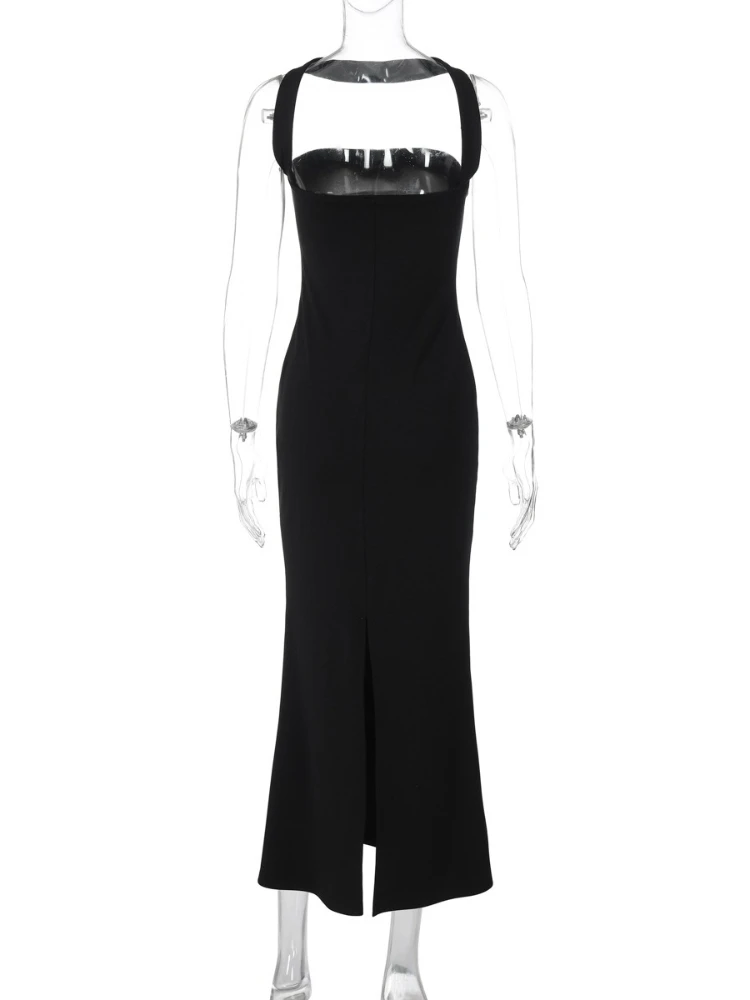 Mulher sexy fora do ombro sem mangas magro vestido longo streetwear senhora chique sexy halter pescoço split sem costas sólido festa clube vestidos