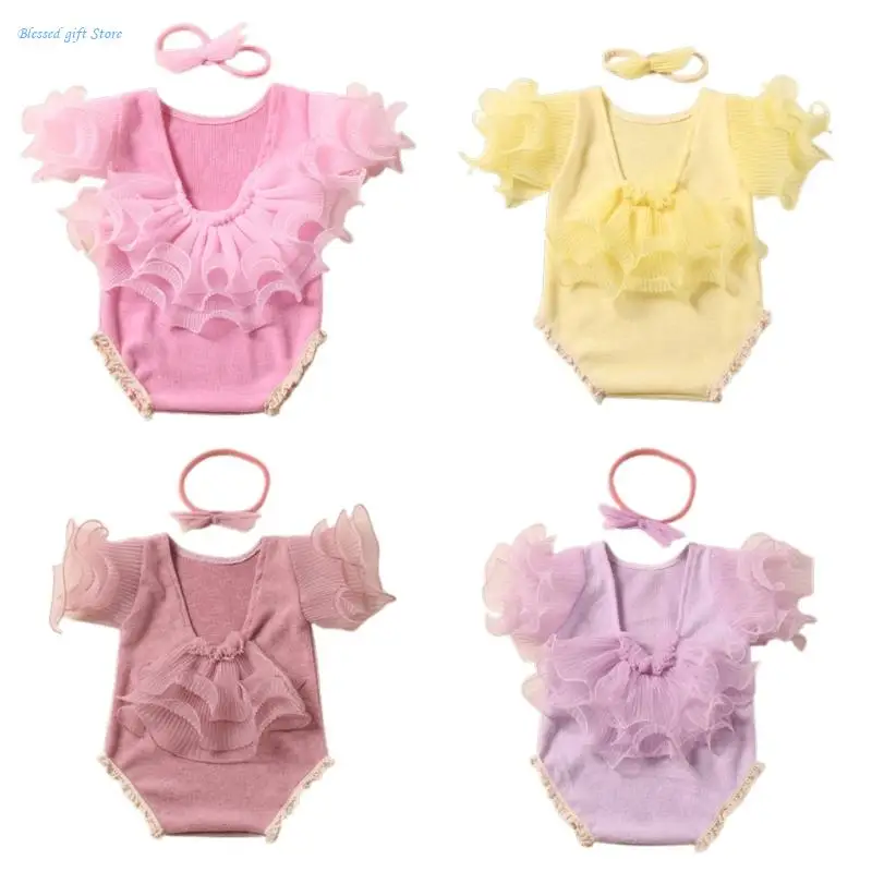 Baby Girls Photo Clothes Backless Jumpsuit Newborn Costume OnePiece Lace Romper Bowknot Headband Infant Photo Outfit