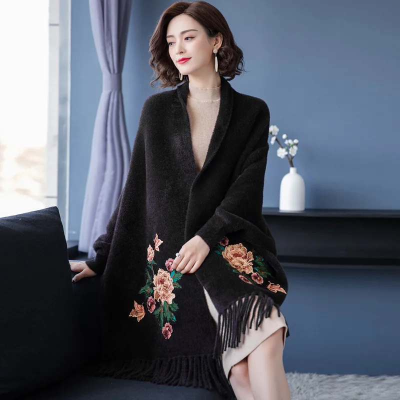 Autumn Floral Tassel Scarf Soft Faux Mink Velvet Poncho Overcoat Women Batwing Sleeves Wrap Cheongsam Shawl Cloak Jacket