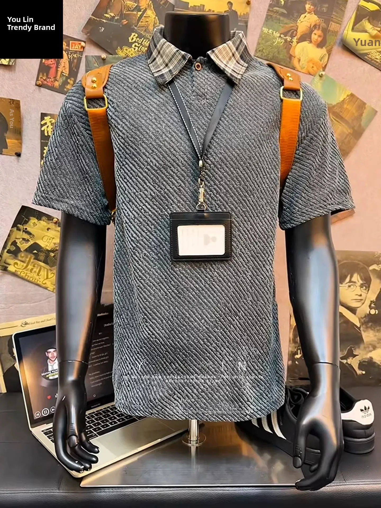 

Men's Summer Short Sleeve Shirt Plaid Collar Five-Quarter Sleeve American Style Heavyweight Flip Collar Shoulder T-Shirt