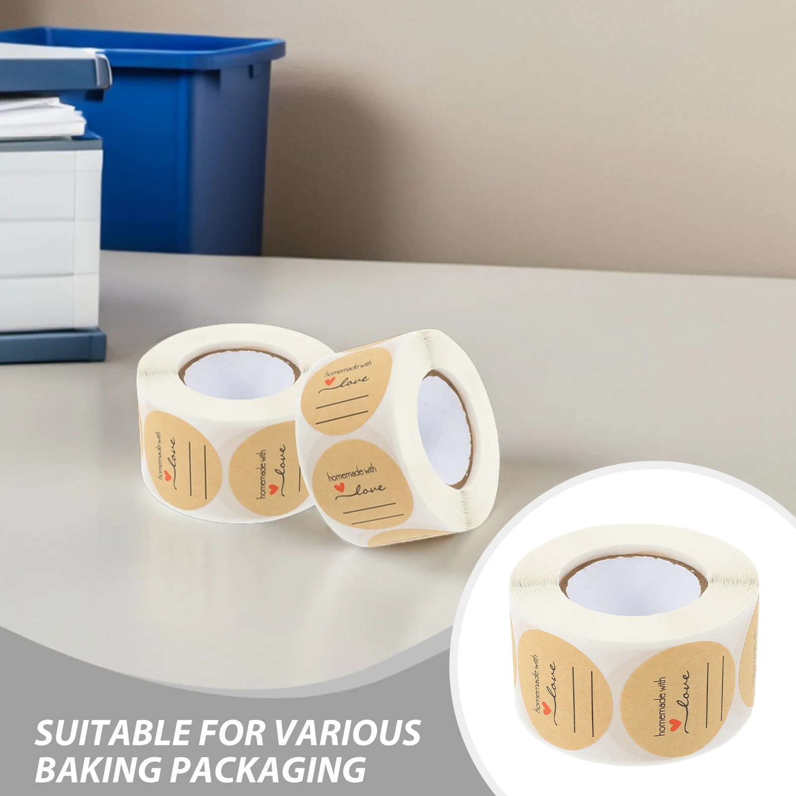 สติกเกอร์กระดาษคราฟท์ทรงกลมสำหรับปิดผนึกสินค้าทำเอง 2 ม้วน สำหรับตกแต่งบรรจุภัณฑ์ ขวดโหล และงานแคนนิ่ง