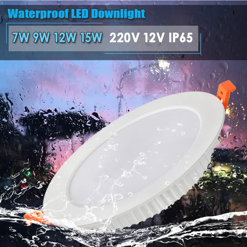 Downlight LED IP65 Wodoodporny Możliwość przyciemniania 9W 12W 15W 7W do łazienki 220V 12V Kuchnia Toaleta Lampa sufitowa Białe światło punktowe