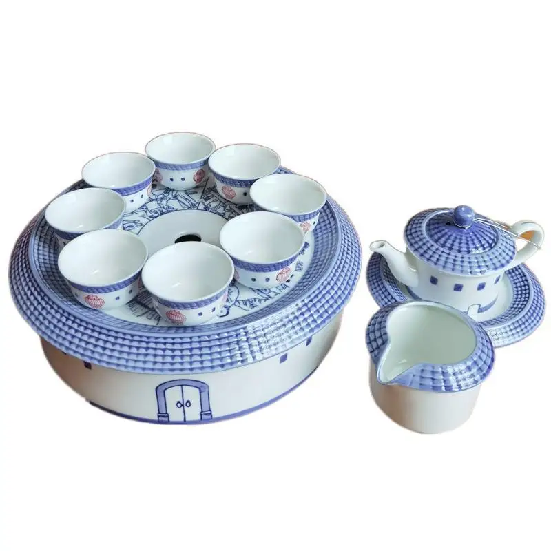 

Weilongwu tea set Underglaze Hakka Tulou teapot teacup combination with ceramic tea tray Guochao Kung Fu tea