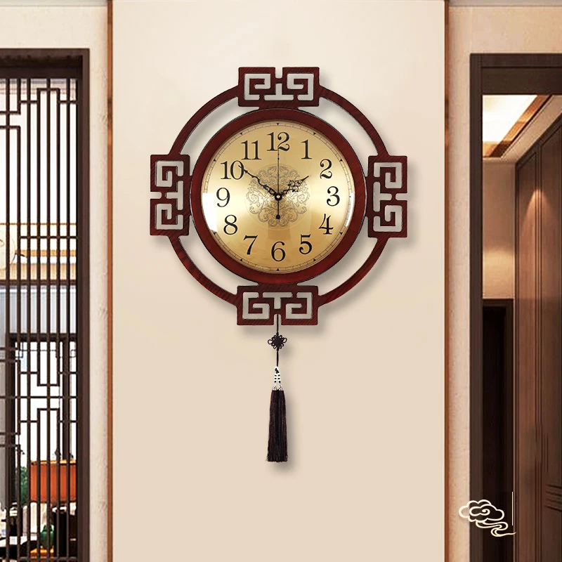 New Chinese style wall clock, living room, silent wooden clock, wall hanging clock, personalized and creative decoration, classi