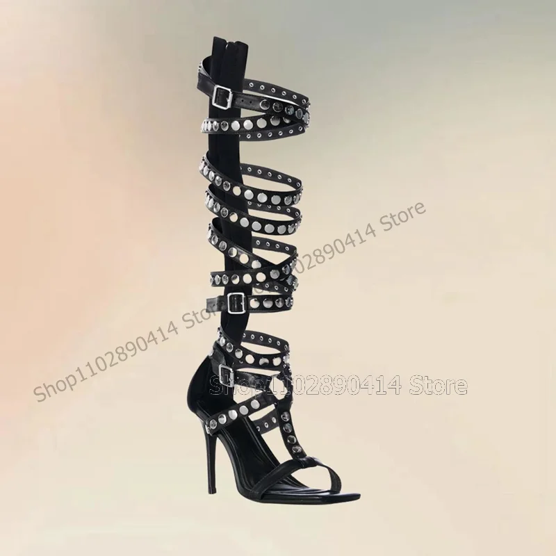 Silver Round Rivets Black Open Toe Sandals Boots Back Zipper Women Shoes Thin High Heels Fashion Party 2026 Zapatos Para Mujere