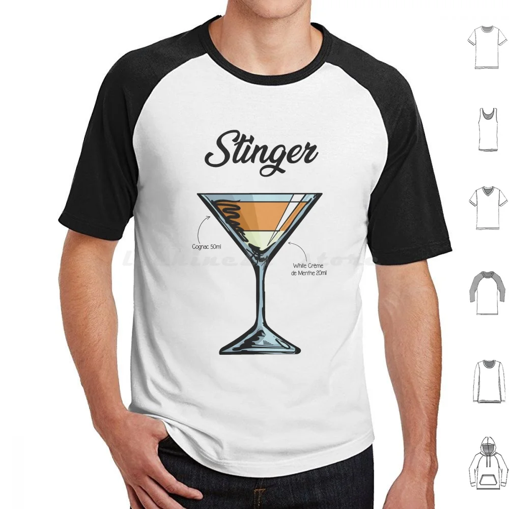 Stinger cóctel receta camiseta tamaño grande 100% algodón cóctel receta Stinger coñac crema blanca menthe menta vidrio sabroso