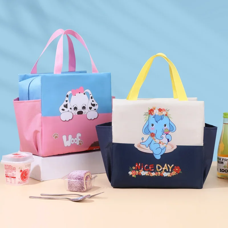 Double Pocket Portable Thermal Insulation Bag Square Color Matching Cartoon Lunch Box Bag Large Capacity Bento Bag