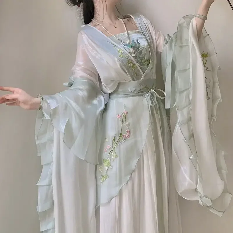 Vestido Hanfu chino para mujer, conjunto bordado tradicional antiguo, traje de Hada de carnaval, vestido de baile Hanfu verde, nuevo Cosplay