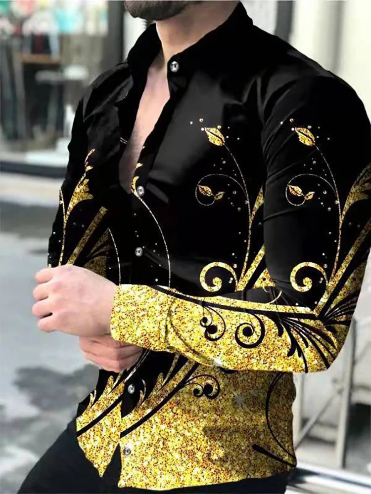 Men Shirts Turn-down Collar Buttoned Shirt Golden Jacquard Luxury Social Casual Print Long Sleeve Tops Men\'s Clothing Cardigan