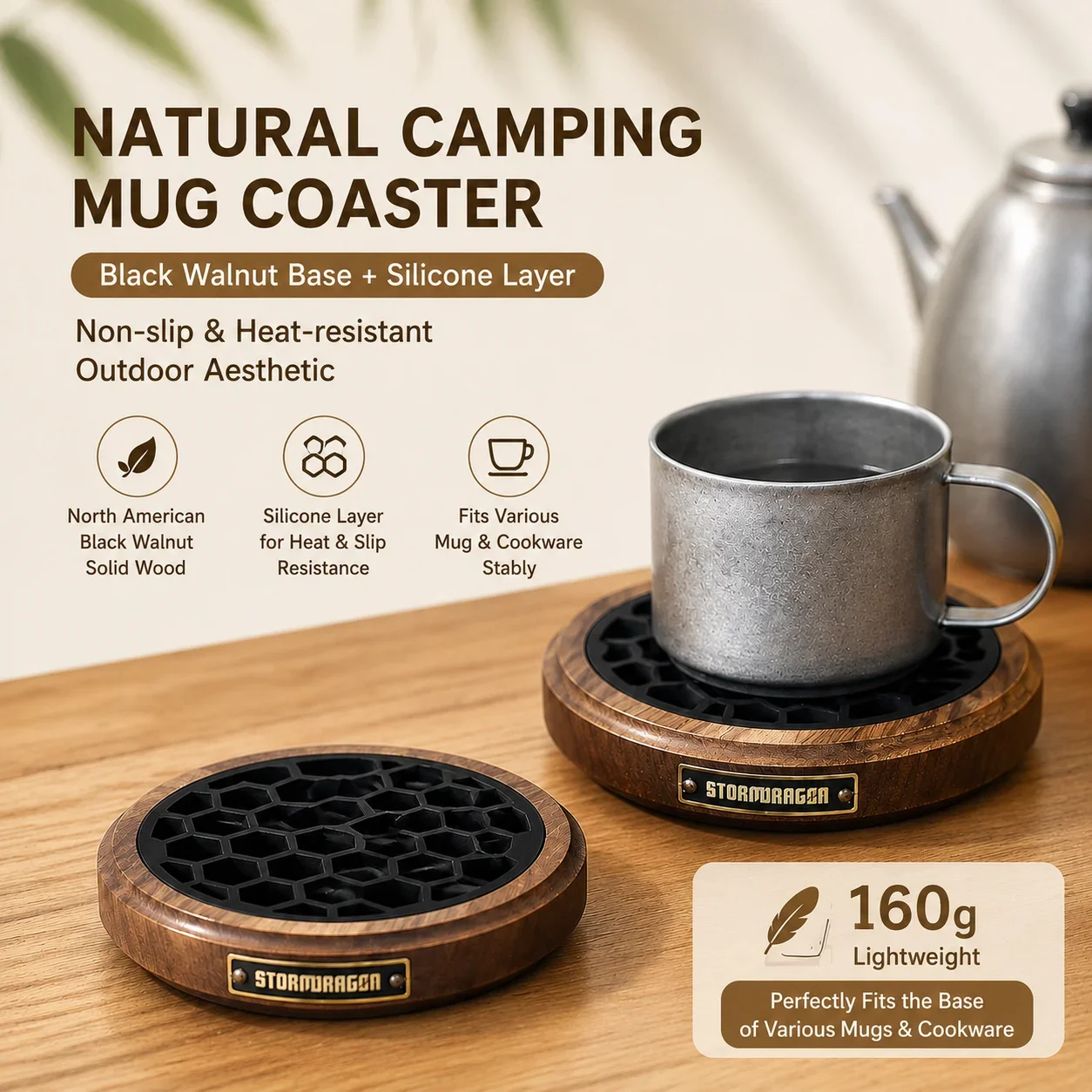 

Walnut & Silicone Camping Coaster - Wood Base with Non-Slip Insert｜Ultralight 160g｜Heat-Resistant for Creating an Atmosphere