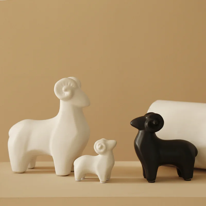 

European Modern Style Home Table Decoration Ceramic Sheep Creative and Attractive Black Goat Model Lambs Family Ornaments