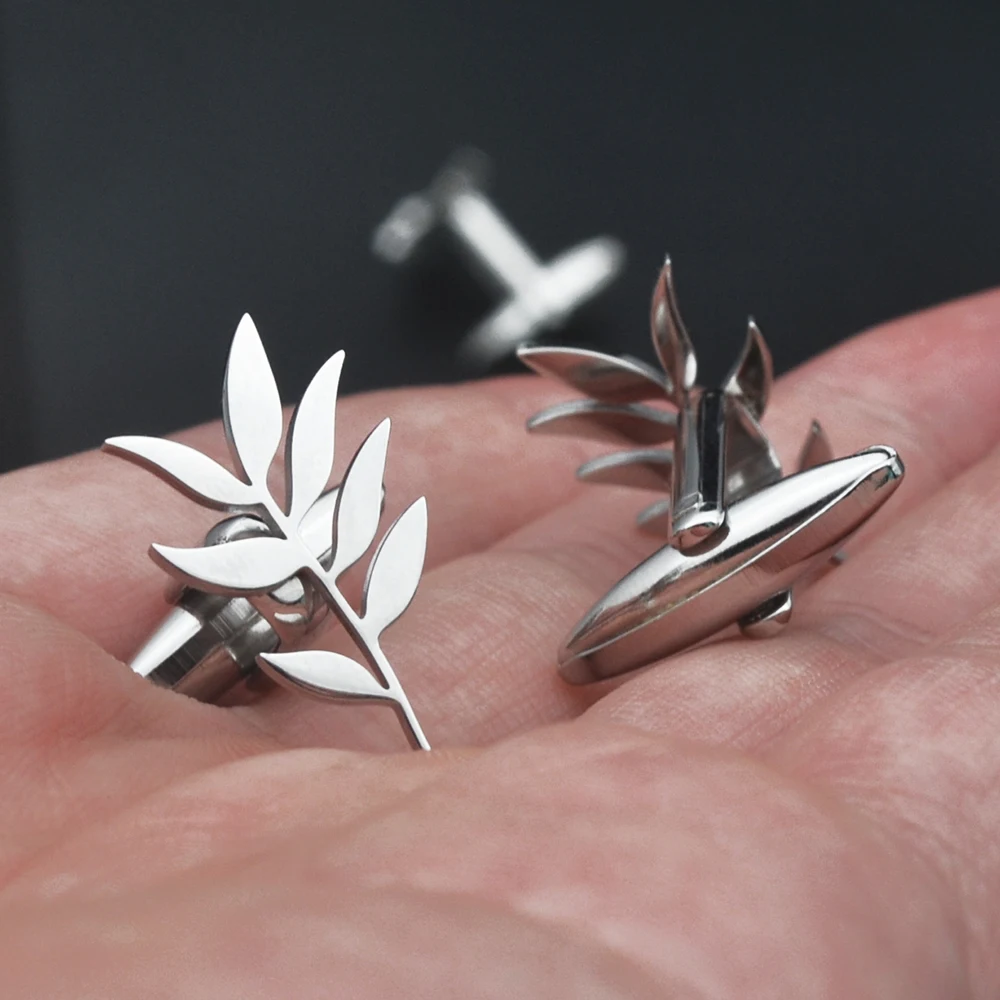 Fashionable Stainless Steel Cufflinks in the Shape of Llant Olive Branches, Suitable for Men\'s Clothing, as a gift for Boyfriend