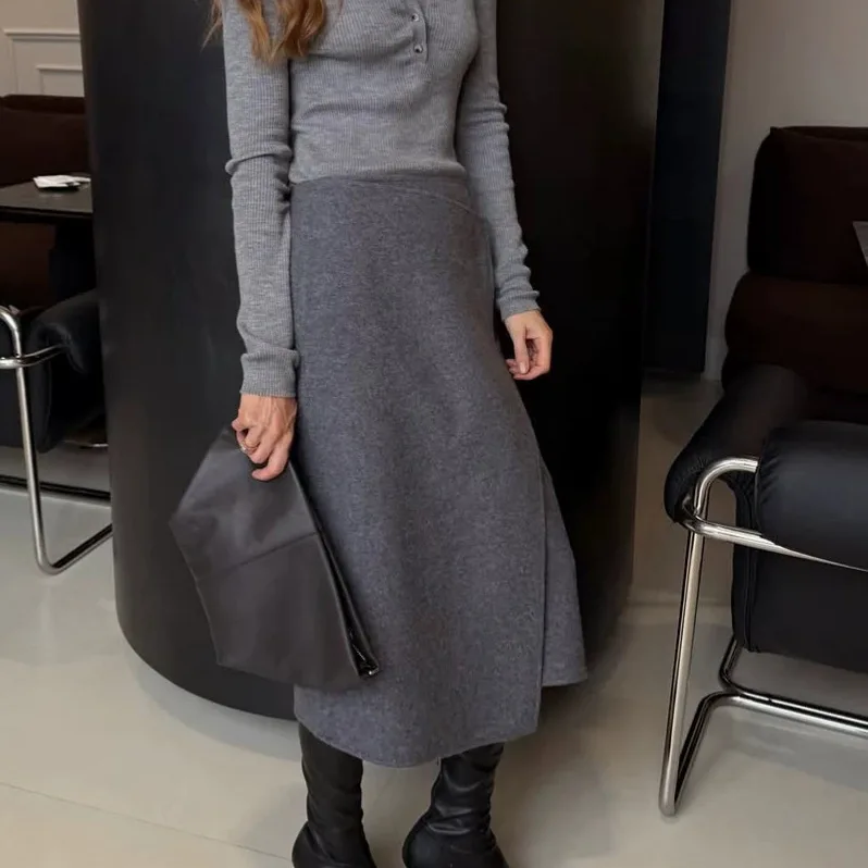 Grey Woolen Skirt Women's 2026 Autumn and Winter Temperament One-piece Wrap Skirt Medium and Long
