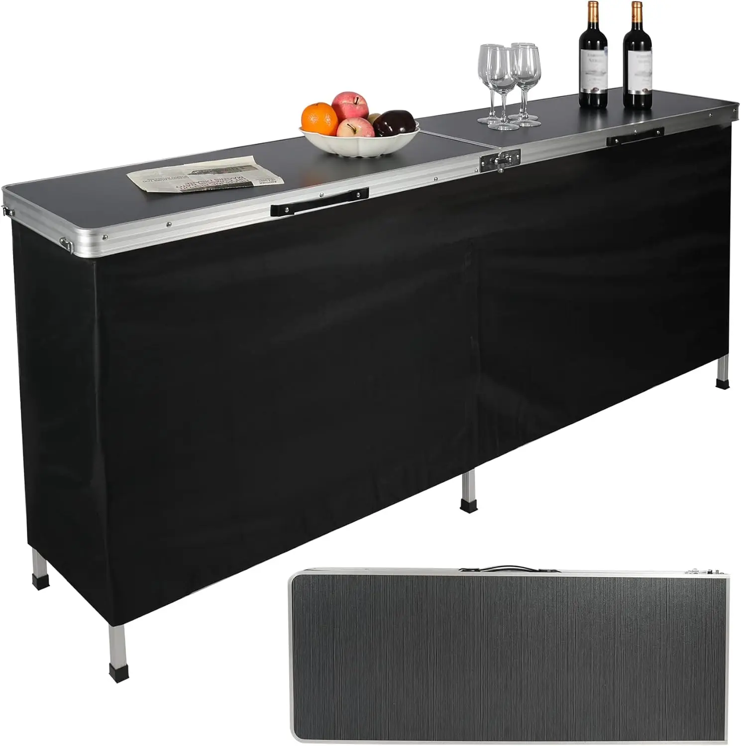 Extra Long Portable Bar Table, Pop-Up Folding Mobile Bar Bartender Table for Events, Party, Camping, Tradeshow, Easy Setup, Blac