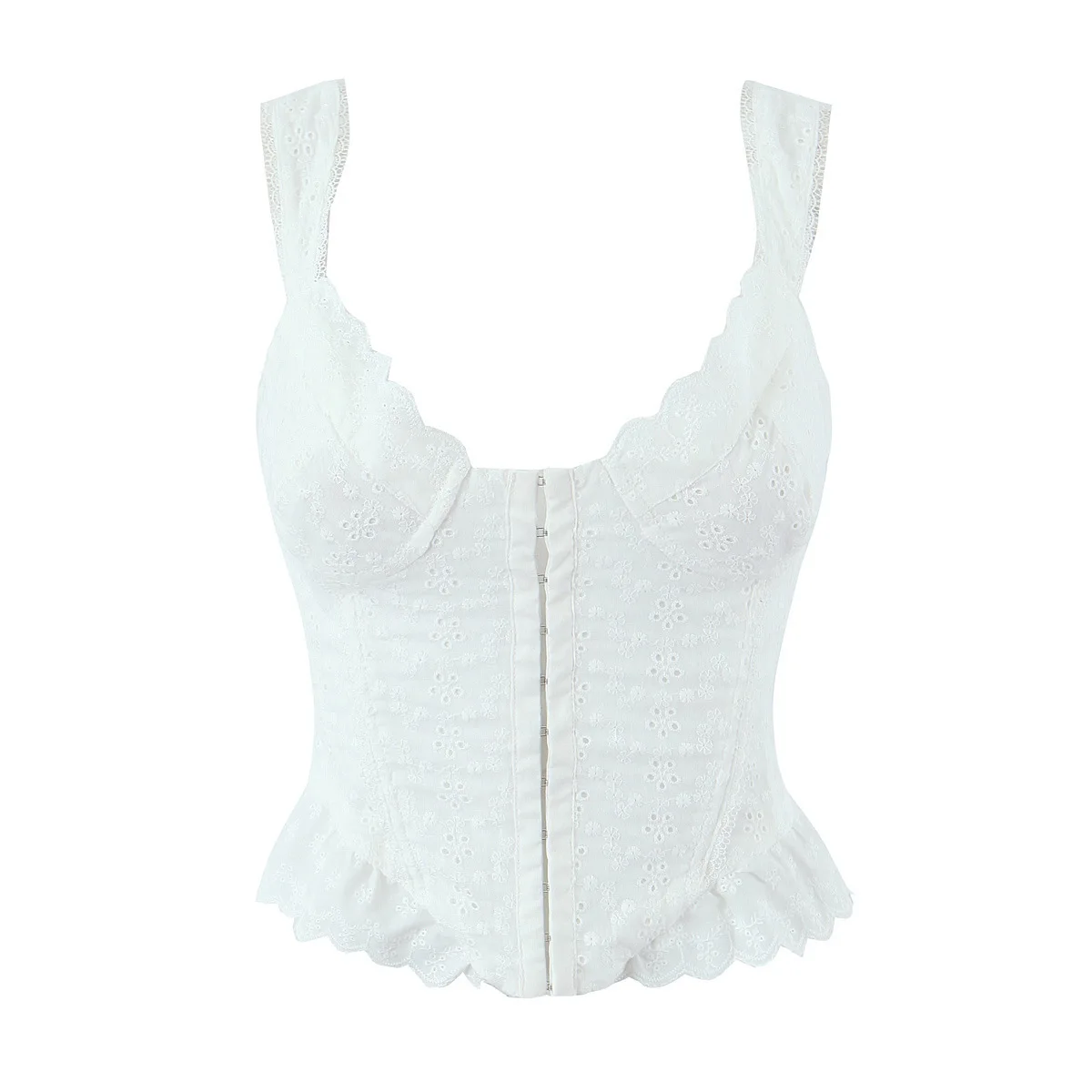 French Vacation Style Two-Piece Set Sweet Embroidery Ruffled Edge Unique Fishbone Strap Vest High Waist Skirt Set