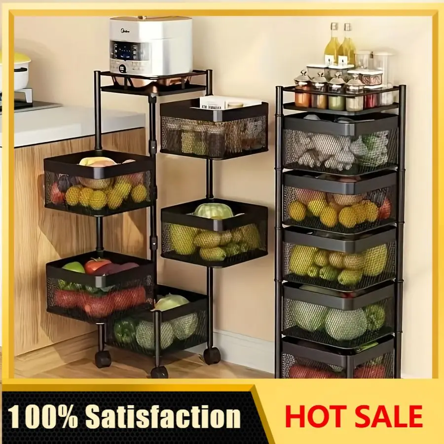 Rotating Kitchen Storage Shelf 5 Tier, Metal Fruit Vegetable Storage Basket Multi-Layer Vegetable Rack Storage Trolley on Wheels