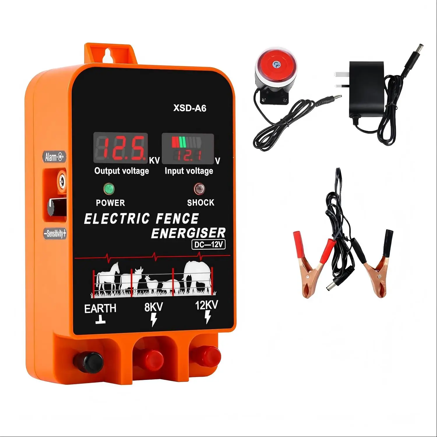 20KM Electric Fence Energizer 5.5 Joule LCD Display 12V Farm Livestock Controller with Alarm Function for Animal Farming