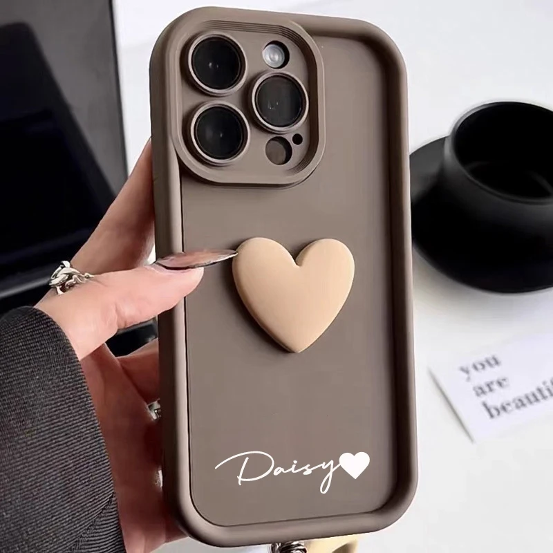 Personalized Customized Name INS 3D Cute Love Heart Case For iPhone 15 14 13 12 11 Pro Max Silicone Shockproof Cover 15 Pro Max