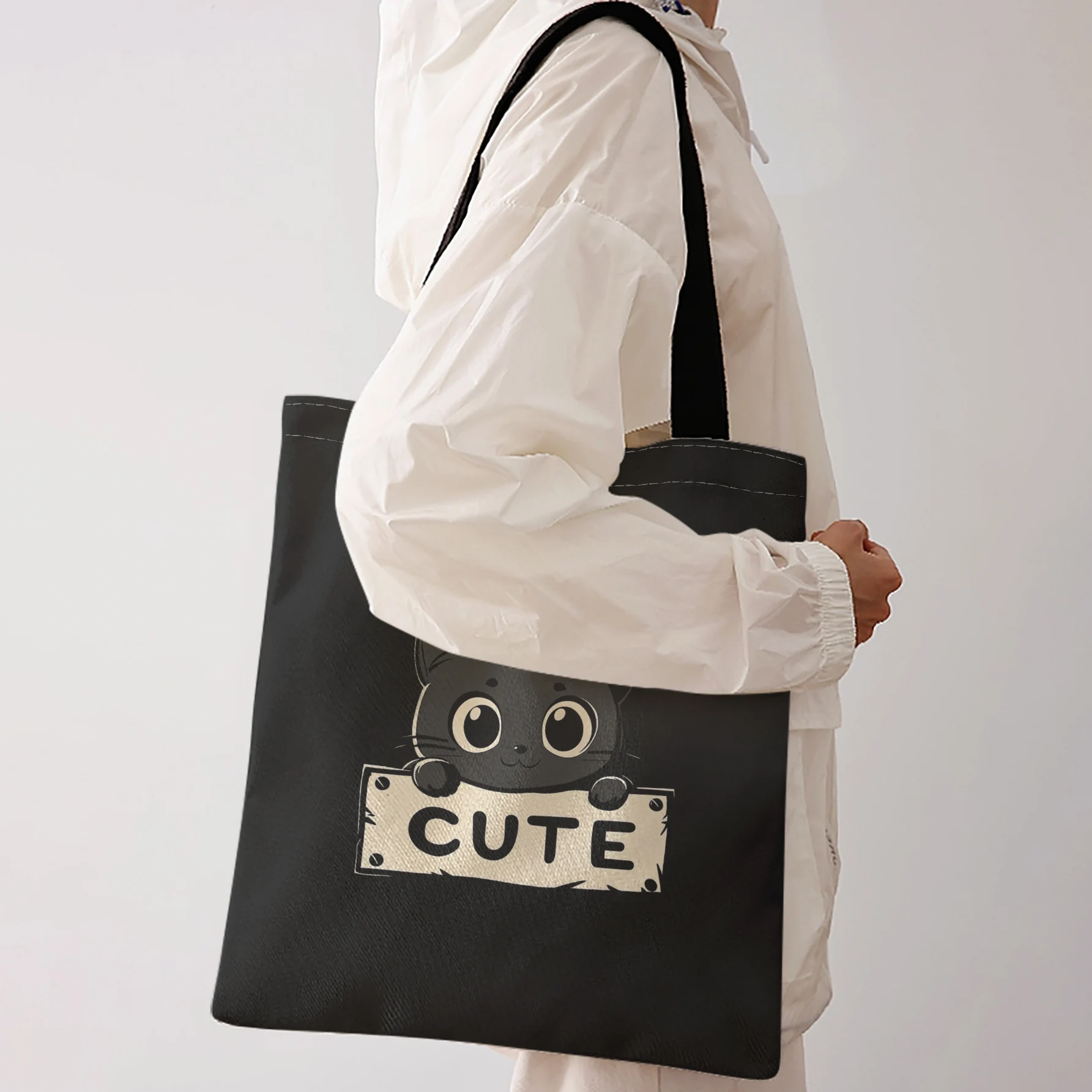 CUTE Sign Black Cat Print Tote Bag Large Capacity Shoulder Bag For Shopping Travel Daily Use